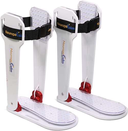 Shoe and leg brace equipped with NeuropaCalm technology to ease neuropathic foot pain.