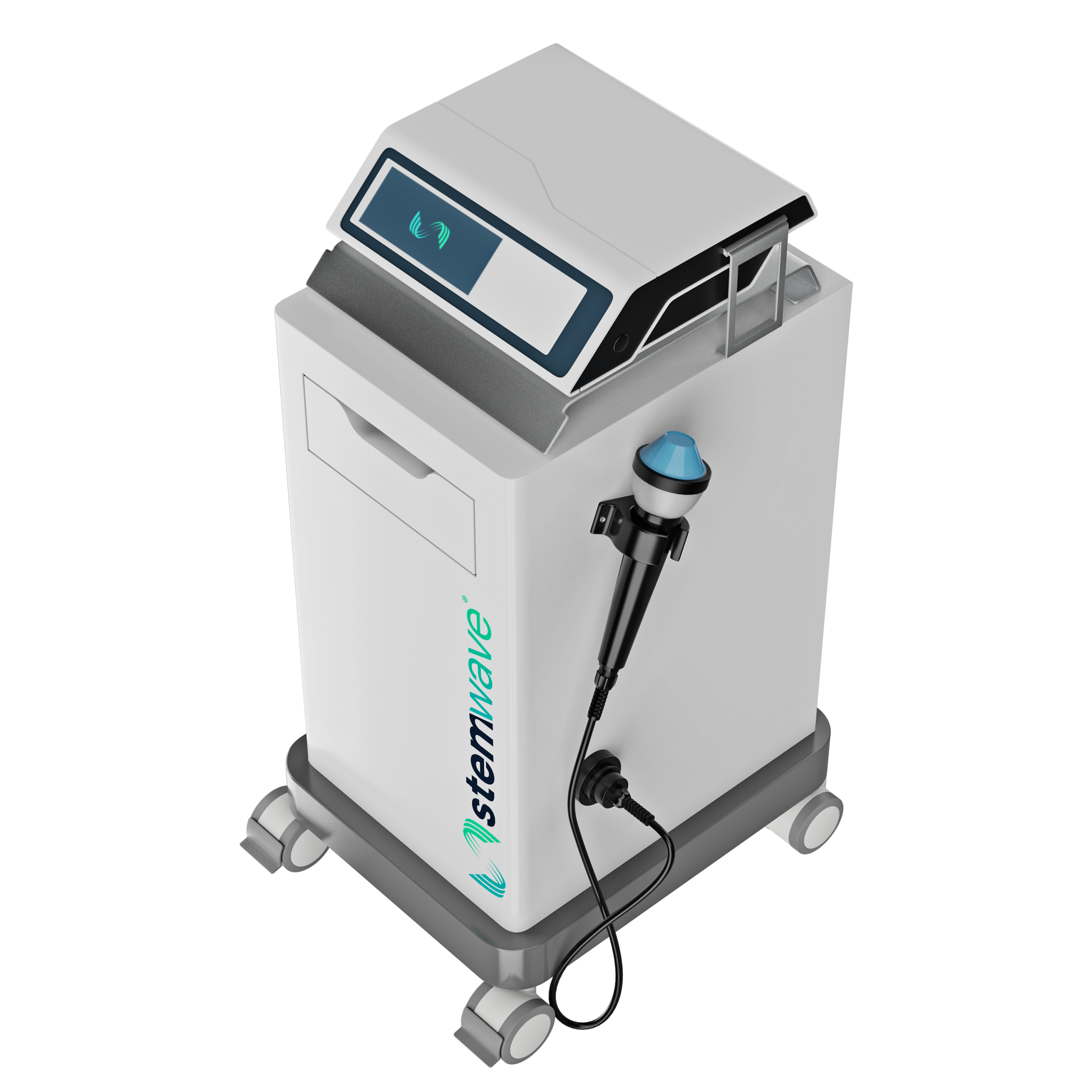 Laboratory benchtop device with a tilted touchscreen display and a robotic arm attached to a white cabinet, on a wheeled base.