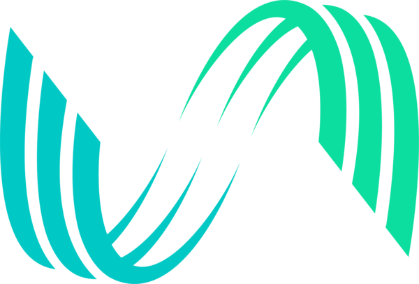 Abstract teal and turquoise ribbon-style logo with curved loops on a black background.